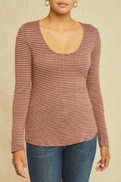 Itana Long Sleeve Scallop Knit Tee - Maple Quartz Stripe