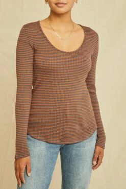Itana Long Sleeve Scallop Knit Tee - Azure Umber Stripe
