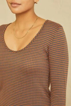 Itana Long Sleeve Scallop Knit Tee - Azure Umber Stripe -AMOUR VERT Sales 0110 Itana Scallop Umber Azure 1325 web 1c80c2d5 bf53 46ce 8f30 2d227a29eae6