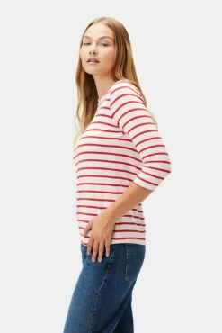 Francoise 3/4 Sleeve Dream Knit Tee - Red Poppy Stripe -AMOUR VERT Sales 1005R1 34 Francoise Red Poppy Stripe 2