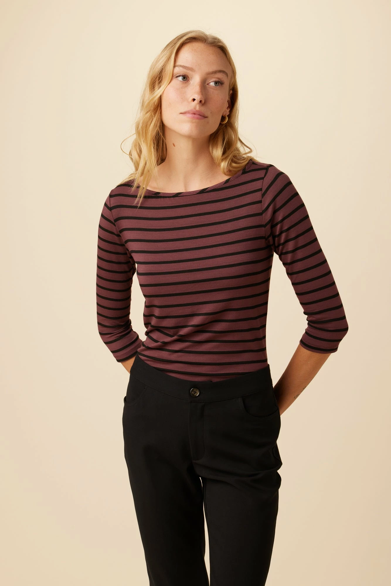 Francoise 3/4 Sleeve Dream Knit Tee - Maple Black Stripe 3 Francoise 3/4 Sleeve Dream Knit Tee - Maple Black Stripe