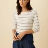 Francoise 3/4 Sleeve Dream Knit Tee - White Havana Stripe