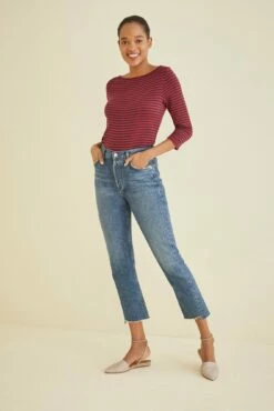 Francoise 3/4 Sleeve Dream Knit Tee - Barn Red Navy -AMOUR VERT Sales 1005 3Q Slv Francoise Barn Red Navy 1589 web