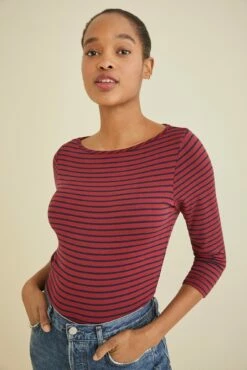 Francoise 3/4 Sleeve Dream Knit Tee - Barn Red Navy