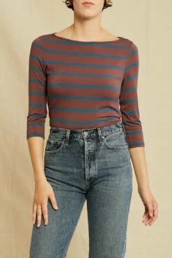 Francoise 3/4 Sleeve Dream Knit Tee - Maple Azure Stripe