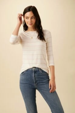 Francoise 3/4 Sleeve Dream Knit Tee - Havana Stripe Rose