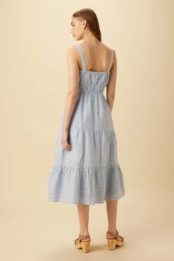 Elio Linen Midi Dress - Blue Natural Stripe -AMOUR VERT Sales 10223 Elio Linen Blue Natural Stripe 3