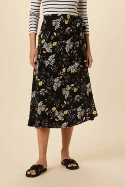 Blaze Washable Silk Wrap Skirt - French Jardin Black