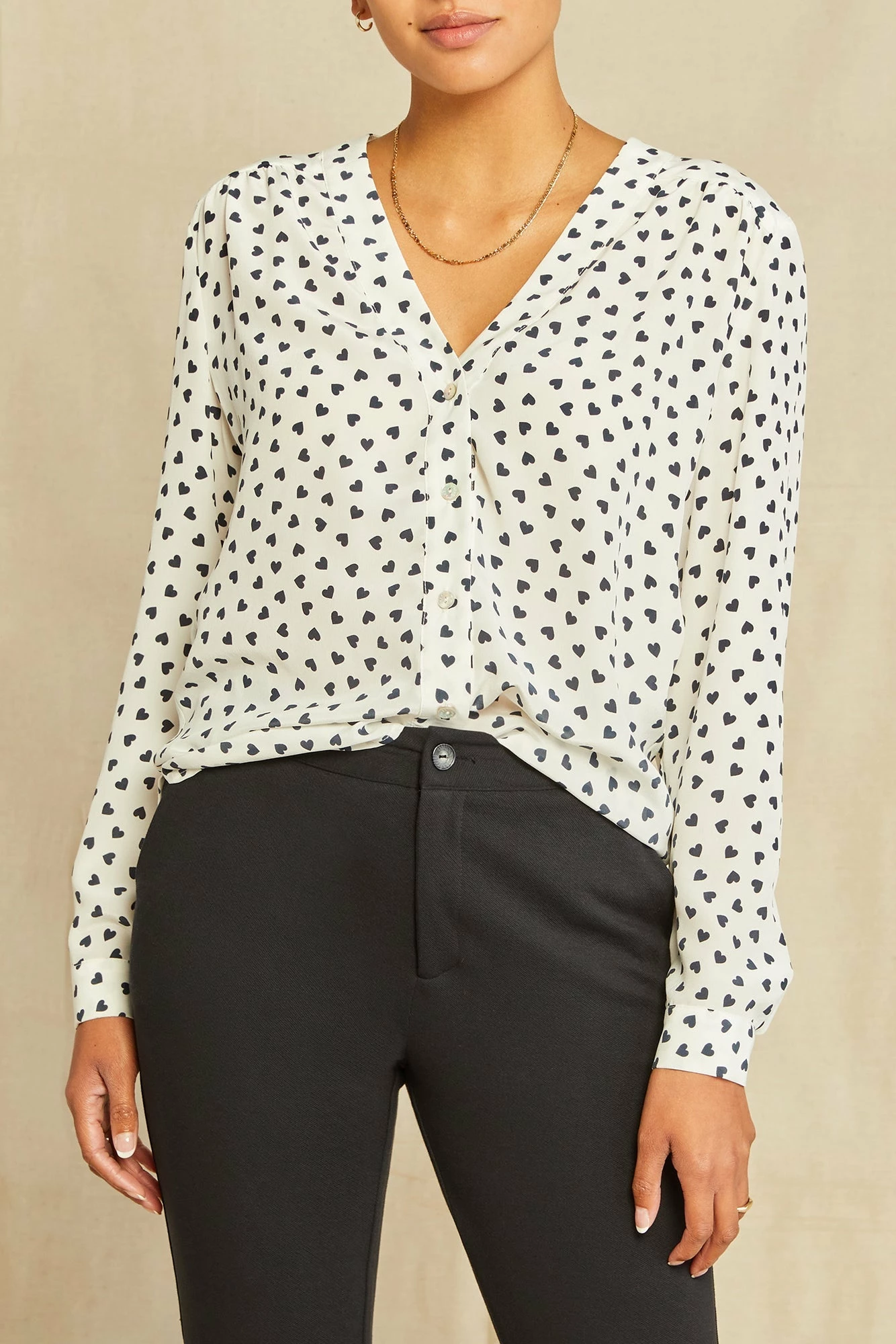 Kaya Washable Silk Blouse - Heart Ivory Navy Print 3 Kaya Washable Silk Blouse - Heart Ivory Navy Print